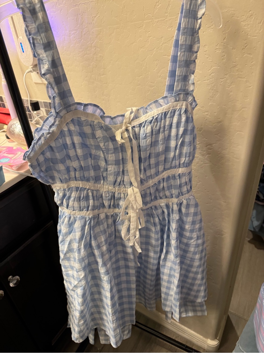 Just Me Light Blue Gingham Ruffle Tie-Front Chemise